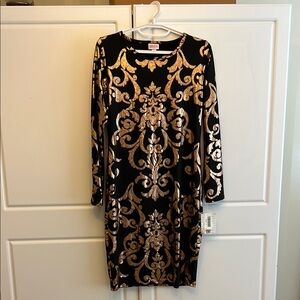 LuLaRoe Gold and Brown Sheath Dress Long Sleeve Crew Neck